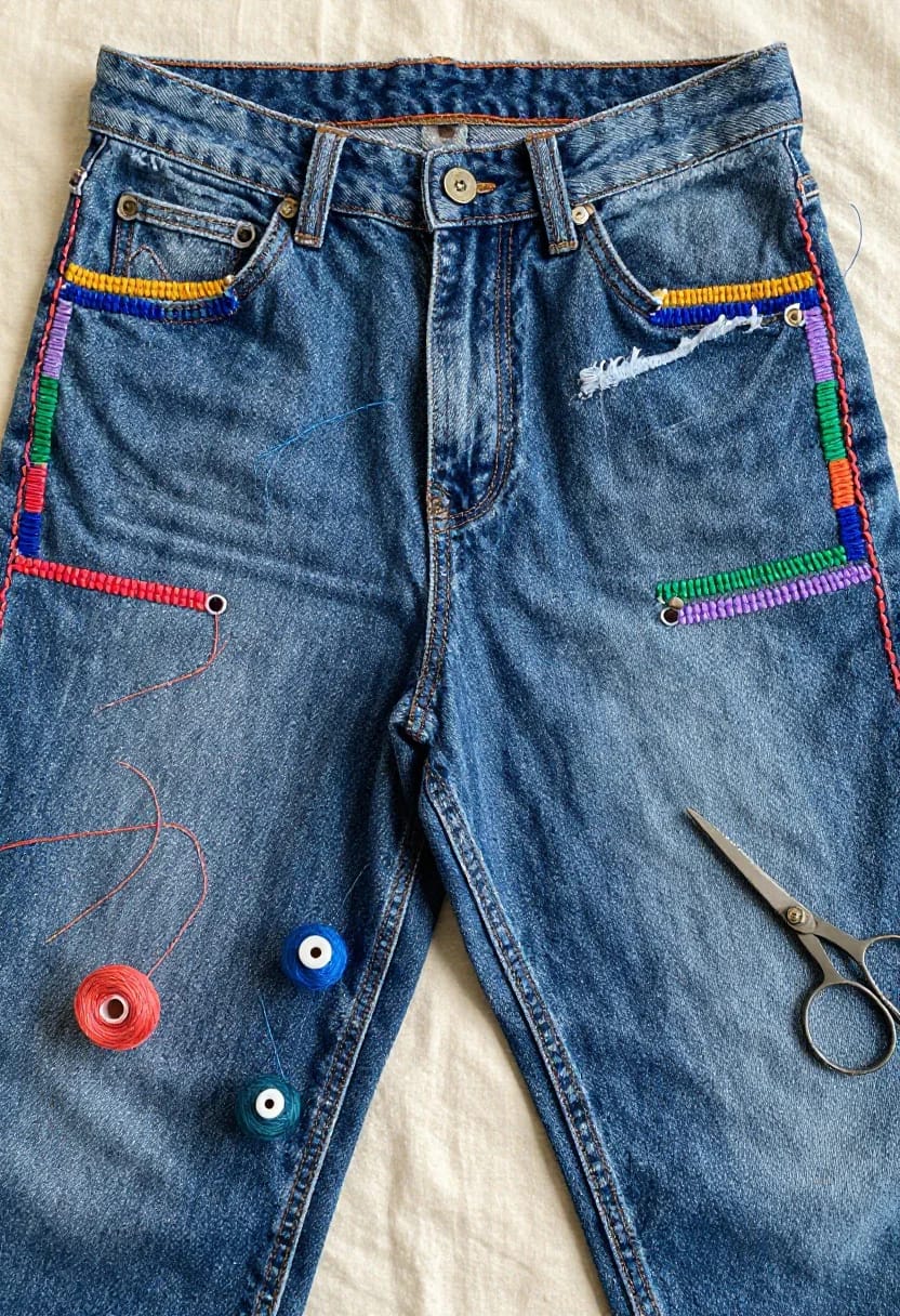 Colorful Thread Darning On Jeans Blue jeans decorated with colorful thread darning around the pocket edges and side seams, with bright stitched bands across the lower legs; thread spools and scissors rest on the denim.