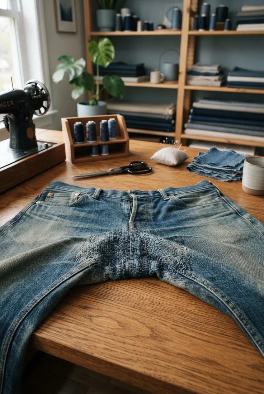 Colorful Thread Darning On Jeans Crotch Blowout A pair of blue jeans lies on a wooden sewing table with dense visible darning stitches repairing the crotch blowout; thread spools, scissors, fabric scraps, a pincushion, and a sewing machine surround the jeans.