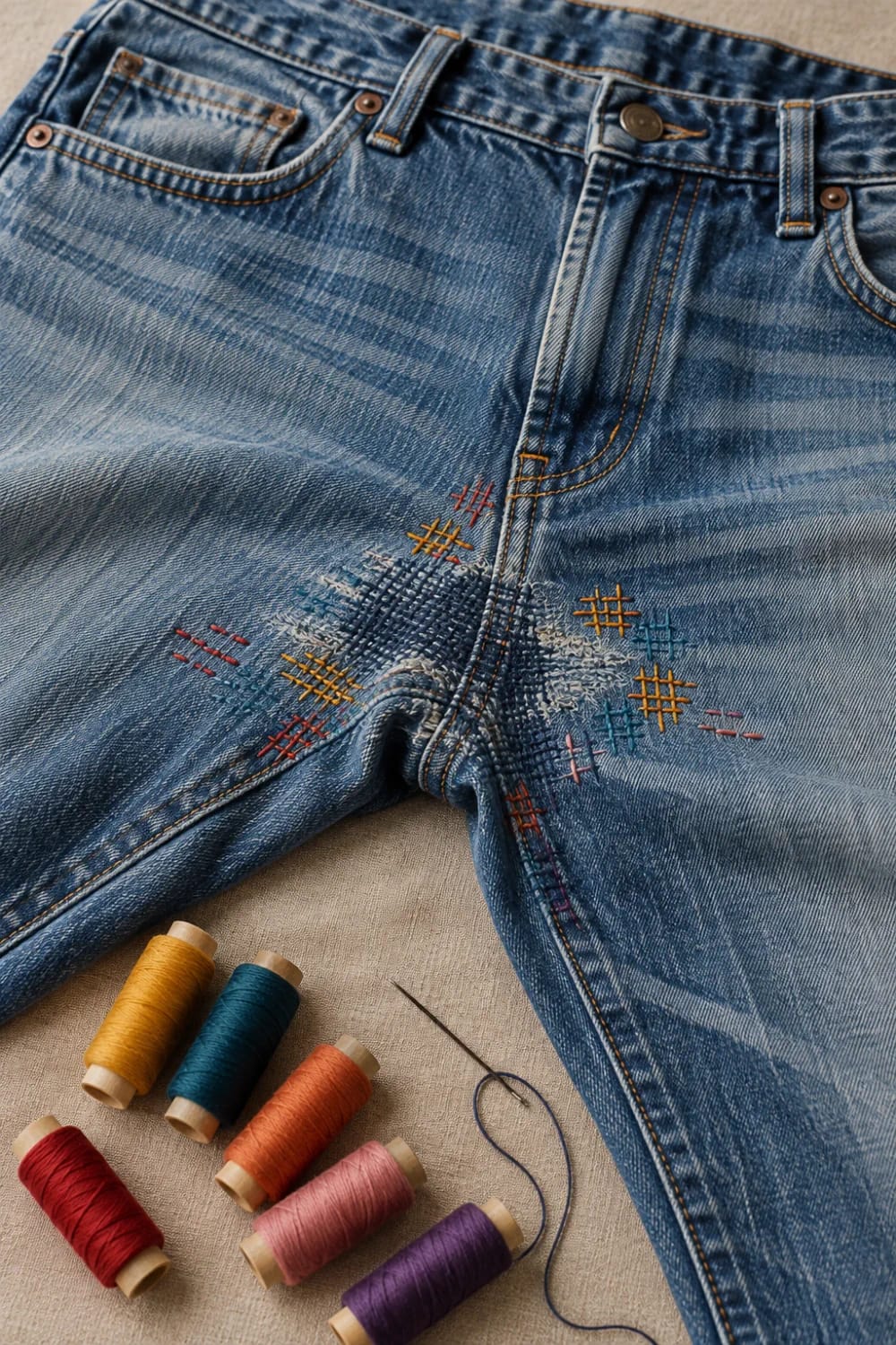 Colorful Thread Darning On Jeans Crotch Blowout Close-up of blue jeans with colorful stitched darning repairs around the crotch blowout, alongside spools of red, orange, pink, purple, teal, and yellow thread and a needle
