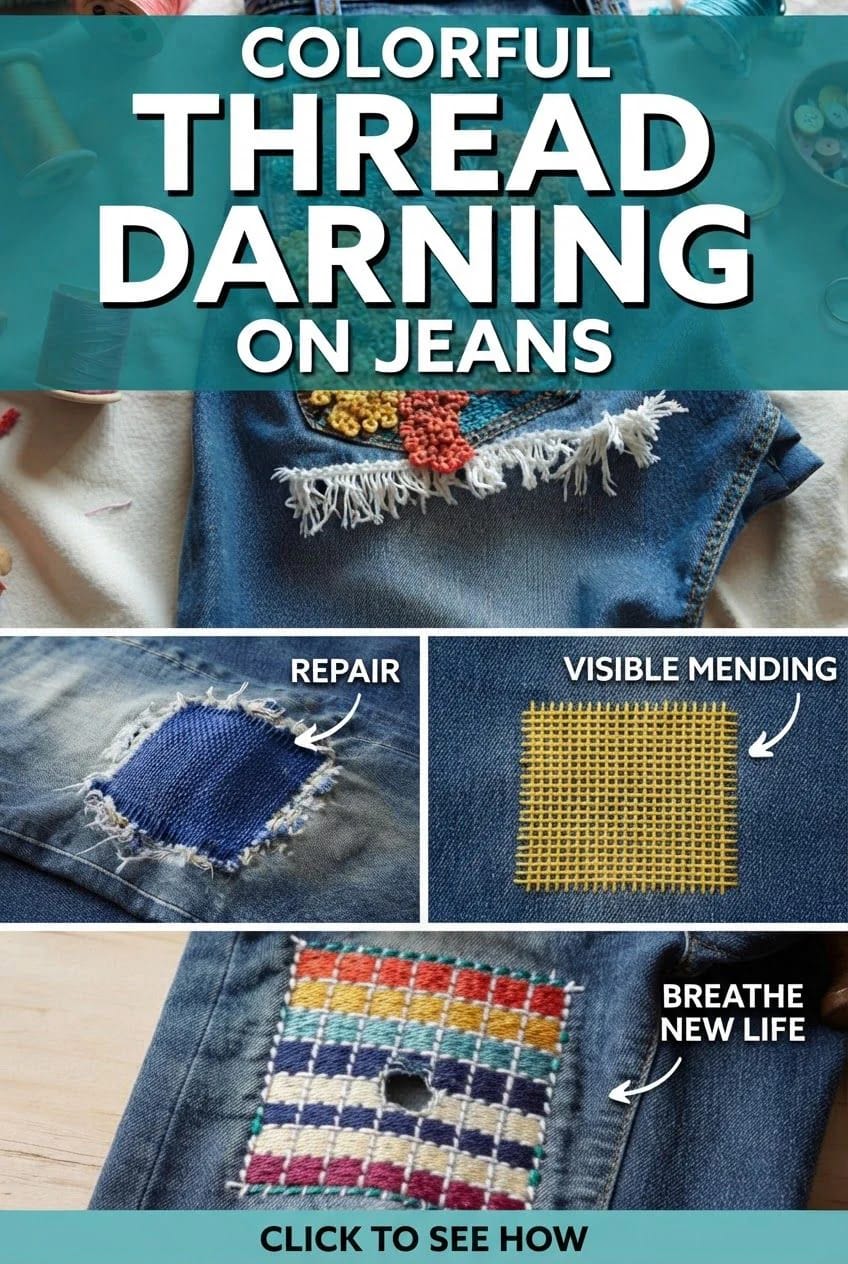 Colorful Thread Darning On Jeans Collage showing colorful thread darning on jeans, including a blue fabric patch, yellow visible mending stitches, and a multicolored woven repair over denim