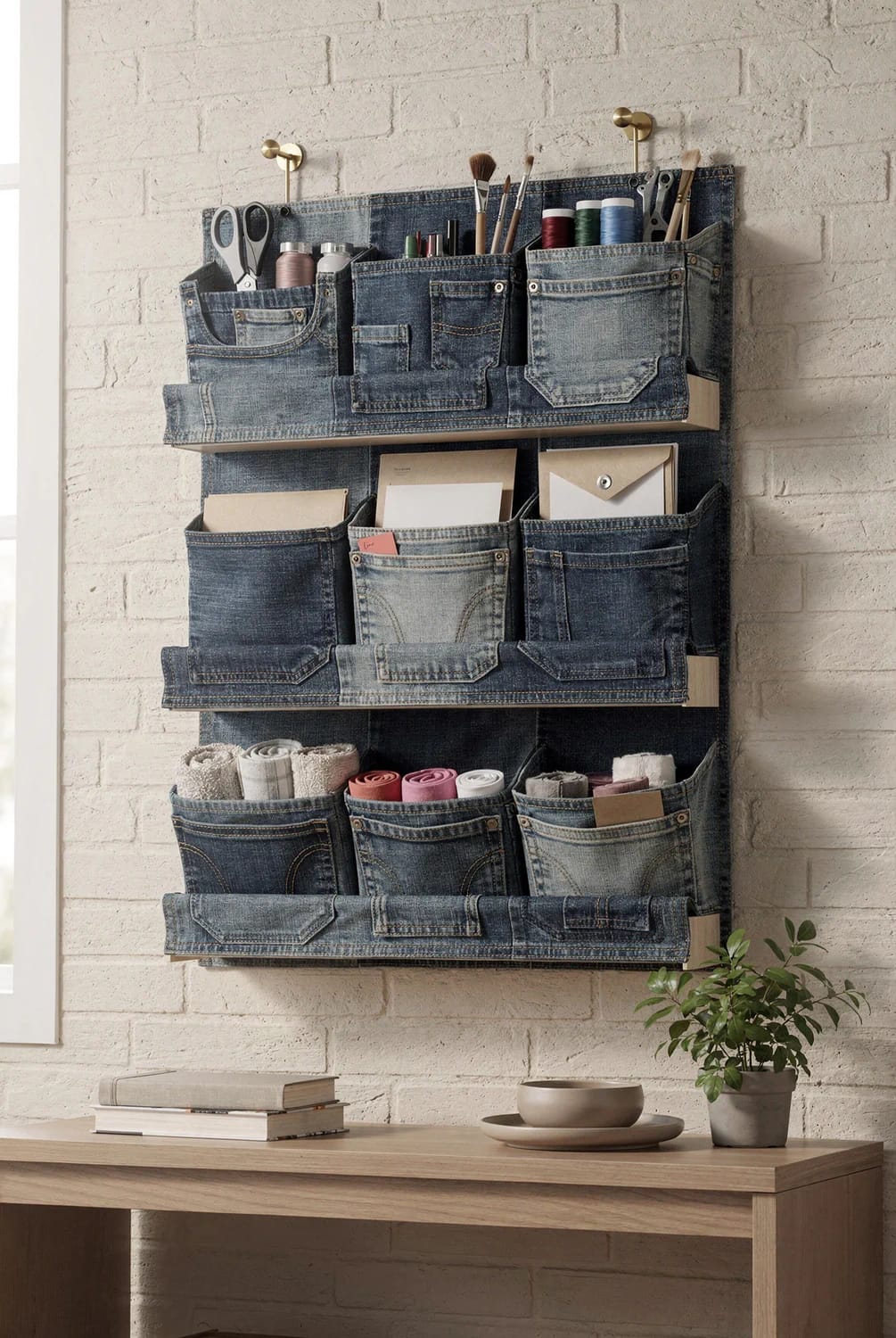 Creative Jean Pocket Wall Organizer Ideas A wall-mounted jean pocket organizer with multiple denim pockets holding scissors, craft tools, spools, rolled fabric, and envelopes above a wooden table