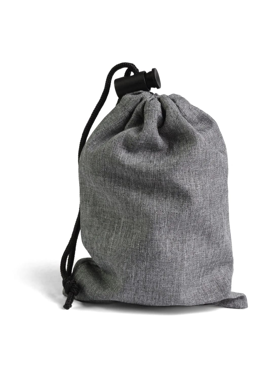 Denim Bucket Bag From Jean Legs Gray fabric drawstring bucket bag with a black cord and toggle closure, shown against a white background as an example of a denim bucket bag from jean legs