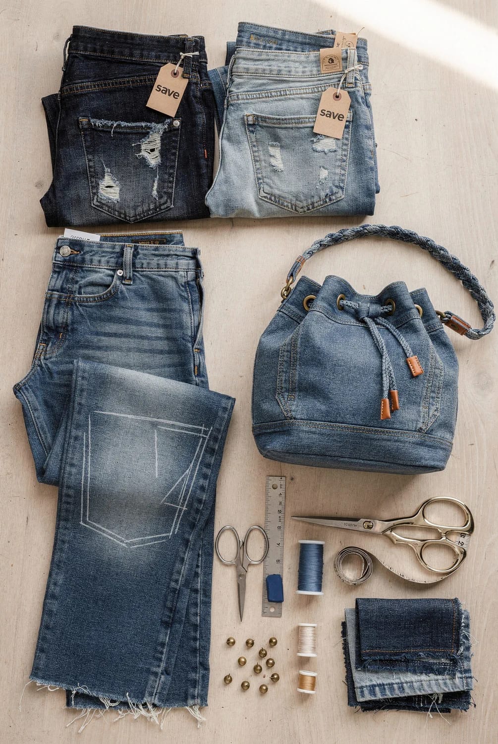 Denim Bucket Bag From Jean Legs Denim jeans, cut jean legs, fabric scraps, a finished drawstring bucket bag, scissors, thread, measuring tools, and metal studs arranged on a work surface for making a denim bucket bag