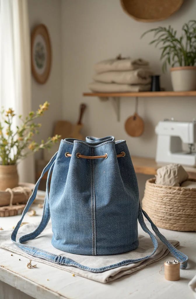Denim Bucket Bag From Jean Legs Finished blue denim bucket bag with a drawstring closure and long denim straps, displayed on folded fabric in a sewing workspace.