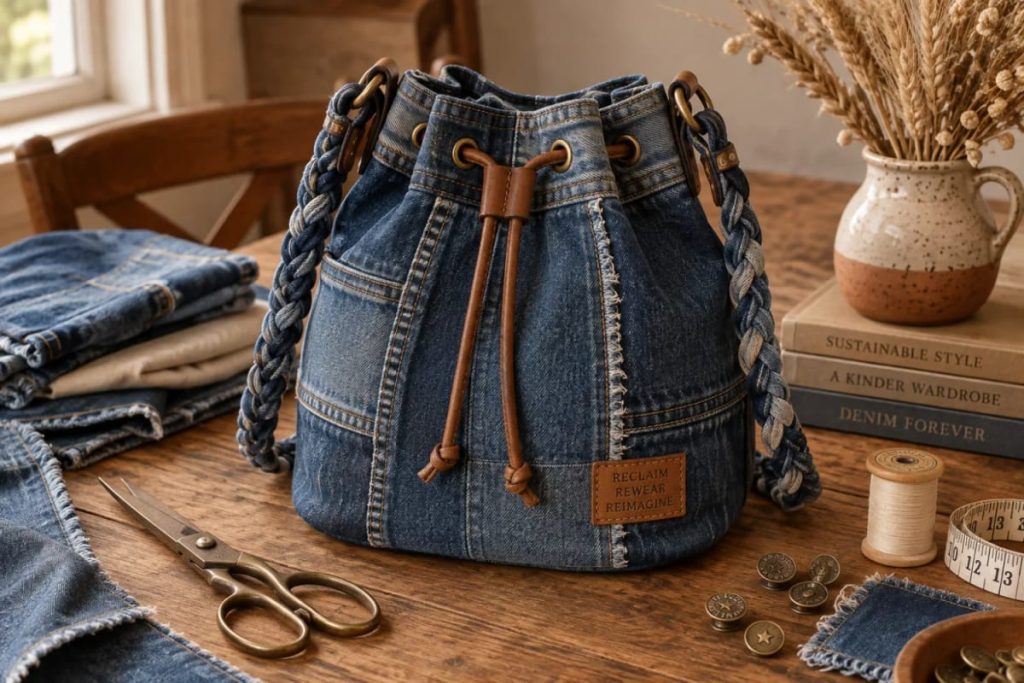 Finished denim bucket bag made from jean legs, featuring braided denim handles, brown leather drawstring closure, metal rings, and a reclaimed leather label on a wooden craft table