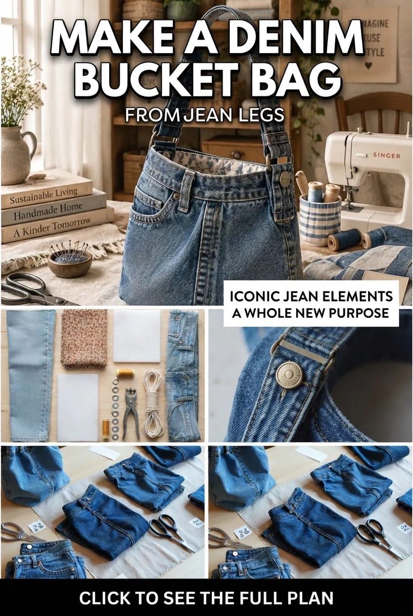 Denim Bucket Bag From Jean Legs Collage showing a denim bucket bag made from jean legs, sewing supplies, denim pieces, and close-up bag details beside a sewing machine
