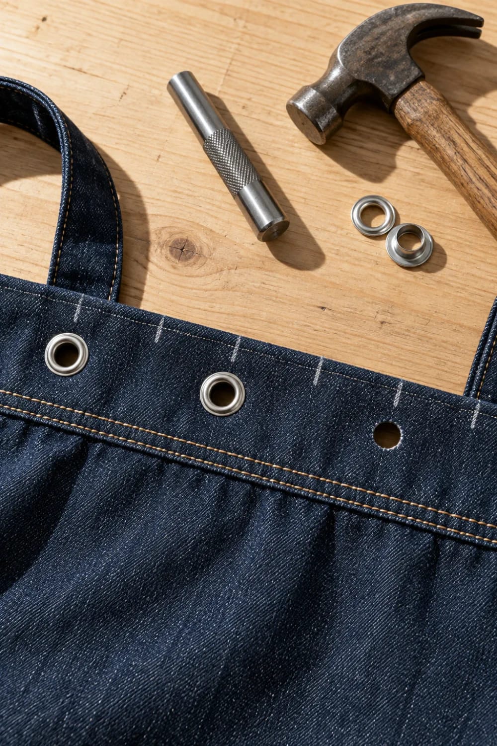 Denim Bucket Bag Grommet Setting Denim bucket bag with a folded top band, two installed silver grommets, and a punched hole beside a grommet setting tool, metal grommets, and hammer on a wooden work surface