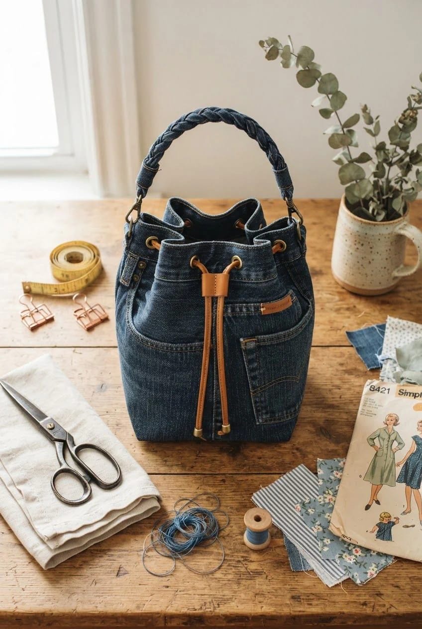 Denim Bucket Bag Made From Jean Legs Finished denim bucket bag with a braided handle, drawstring closure, brass hardware, and front pockets displayed on a wooden worktable with sewing supplies, fabric scraps, scissors, and a measuring tape.