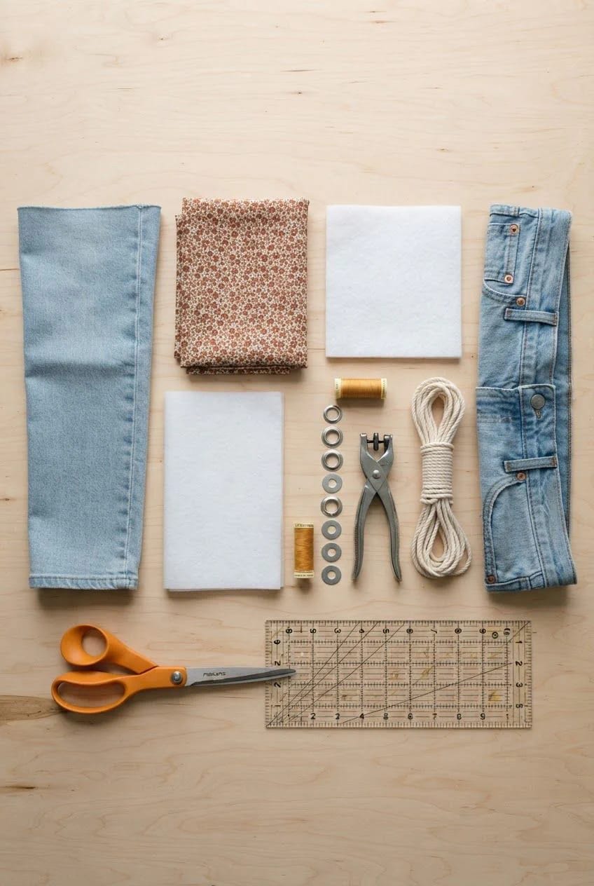 Denim Bucket Bag Materials And Tools Materials and tools for making a denim bucket bag arranged on a wooden surface, including two denim jean legs, patterned fabric, white interfacing, thread, rope, metal rings, a hole punch, scissors, and a clear ruler