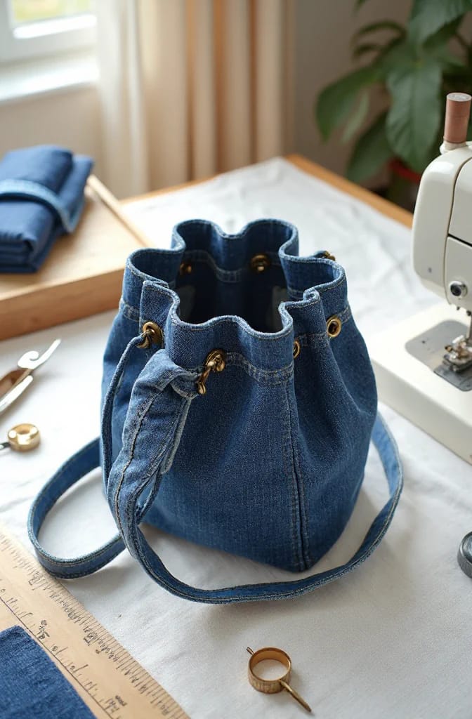 Denim Bucket Bag With Folded Top Band Finished denim bucket bag with a folded, scalloped top band and brass grommets, displayed beside a sewing machine and sewing tools.