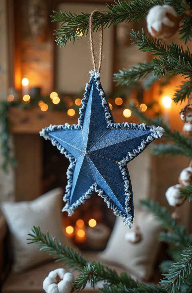 Denim Fabric Star Ornament From Old Jeans Frayed-edge denim star ornament hanging by twine from an evergreen branch, illustrating a no-stitch denim fabric star made from old jeans