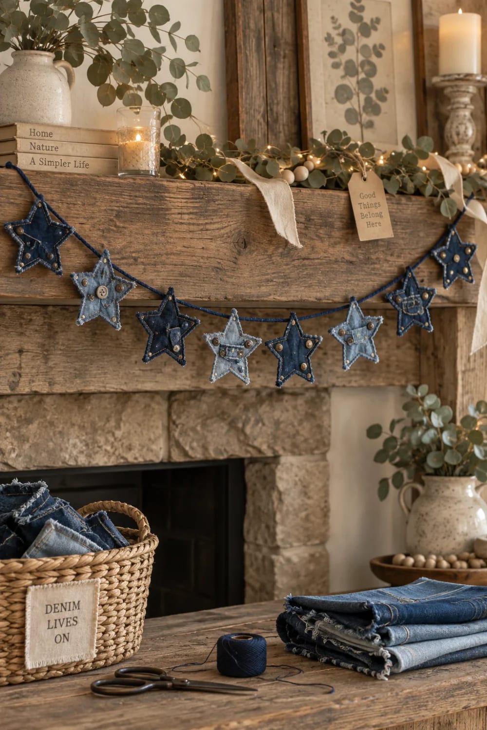Denim Fabric Star Ornament Garland Garland of small denim fabric stars hangs across a rustic mantel, with folded jeans, denim scraps, scissors, and dark thread on the table below for making denim fabric star ornaments from old jeans