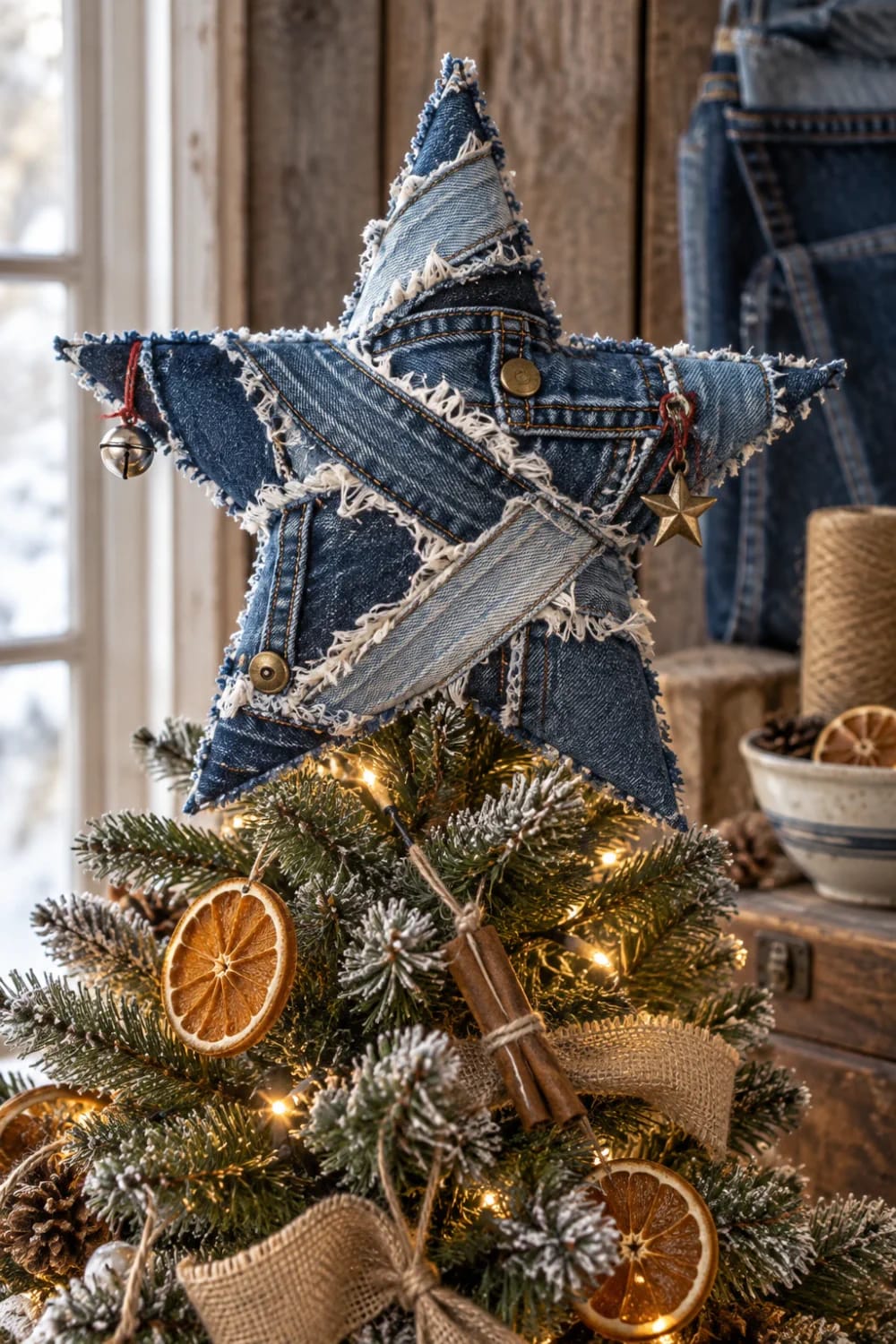 Denim Fabric Star Ornament Tree Topper A large rag-wrapped denim star made from jean fabric sits atop a decorated Christmas tree, with frayed edges, metal buttons, bells, and a hanging gold star charm.