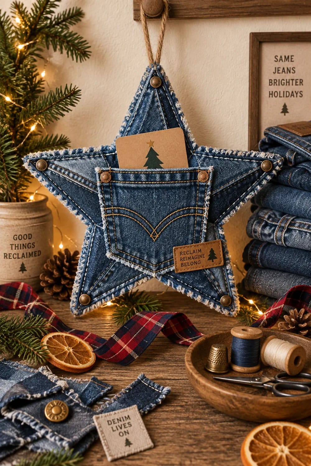 Denim Fabric Star Ornament With Gift Card Pocket A blue denim fabric star ornament made from old jeans hangs with a gift card tucked into its back pocket, surrounded by Christmas greenery, lights, ribbon, sewing supplies, and folded denim.