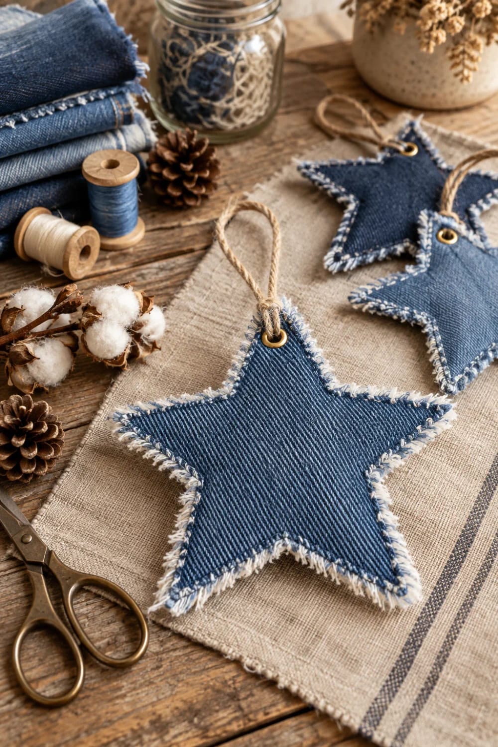 Denim Fabric Star Ornaments From Old Jeans Three frayed-edge denim star ornaments with twine hangers and brass eyelets arranged on a linen cloth, with folded denim, thread spools, pinecones, cotton, and scissors nearby.