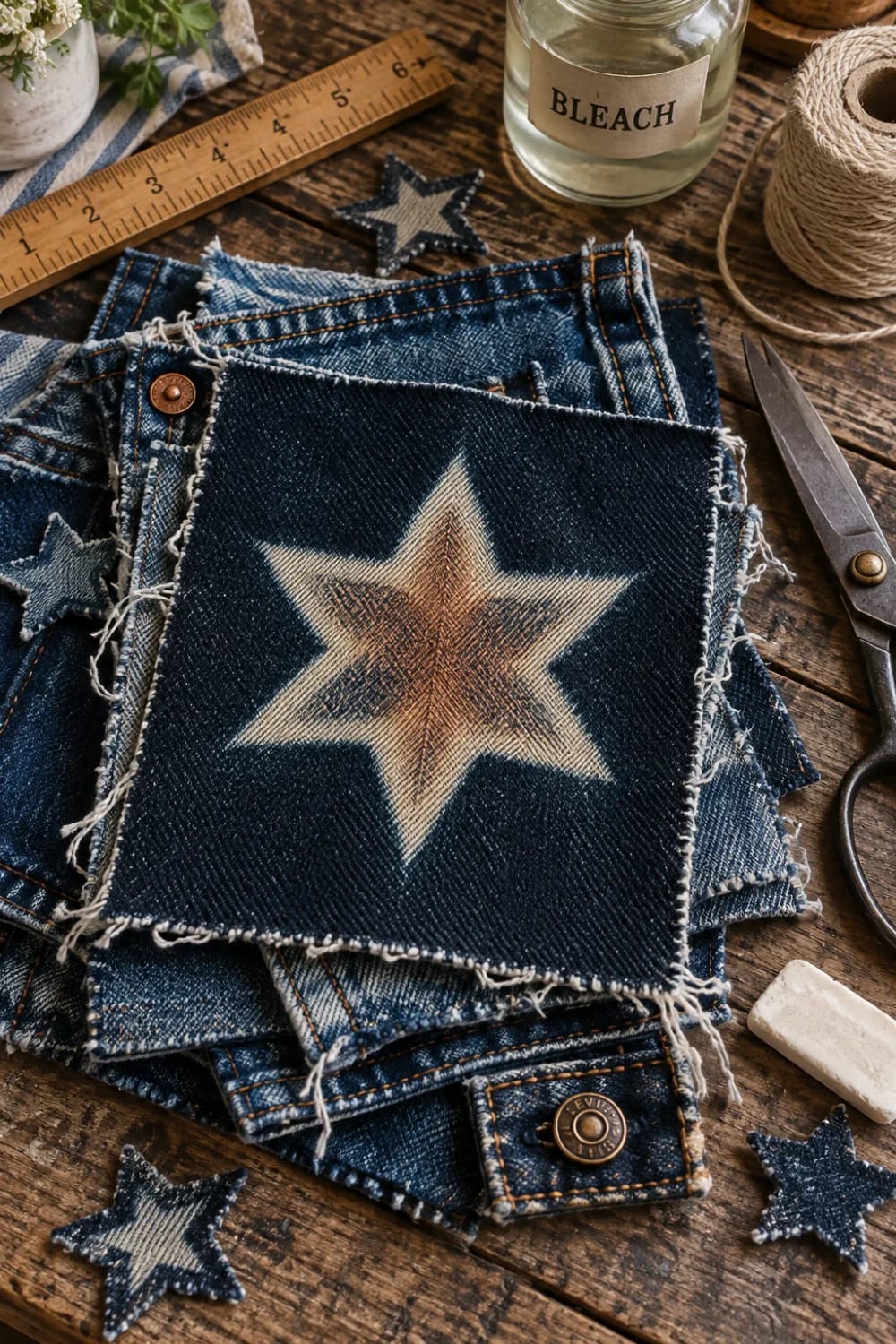 Denim Fabric Star Ornaments From Old Jeans Dark denim fabric pieces with frayed edges and bleach-drawn star designs, surrounded by scissors, twine, a ruler, and a jar labeled bleach for making denim fabric star ornaments from old jeans
