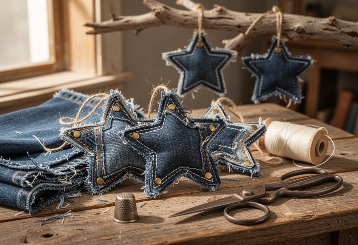 Denim Fabric Star Ornaments to Make From Old Jeans 1 Several star-shaped denim fabric ornaments with stitched edges and twine loops sit on a wooden worktable beside old jeans, scissors, thread, and a thimble, with two stars hanging from a branch in the background.
