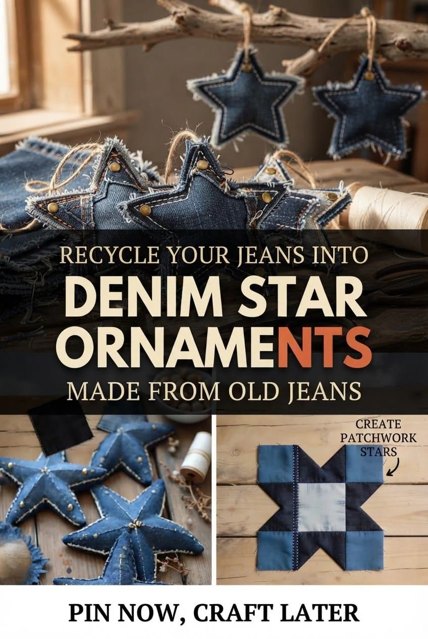 Denim Fabric Star Ornaments From Old Jeans Collage showing finished denim star ornaments with stitched edges and twine loops, stars hanging from a branch, and a patchwork star pattern made from blue jean fabric.
