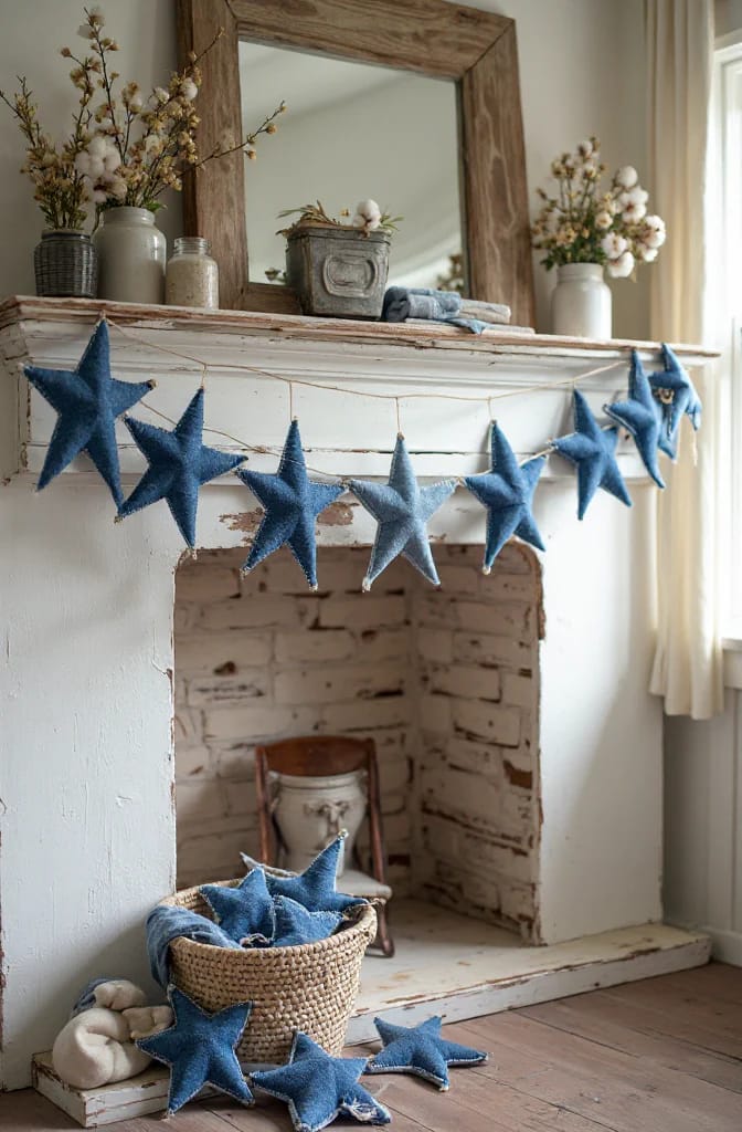 Denim Fabric Star Ornaments Garland Garland of small blue denim star ornaments draped across a distressed white fireplace mantel, with additional denim stars in a woven basket and on the floor below.