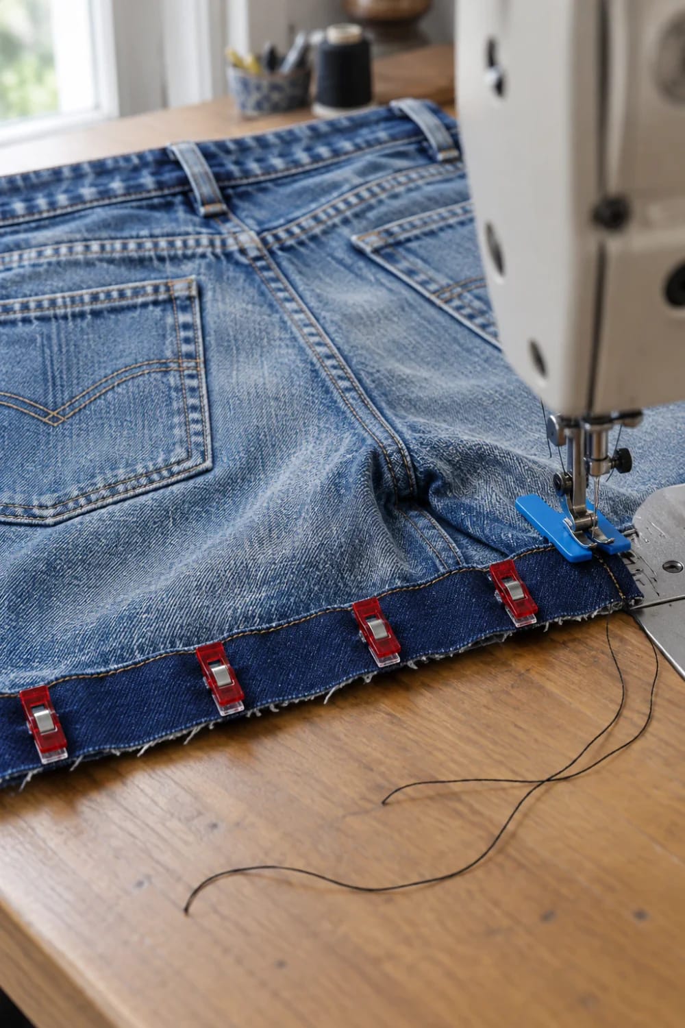 Sewing machine stitching a dark denim bottom band onto a light blue jeans panel, secured with red and blue clips, for a denim tote bag with a pocket front