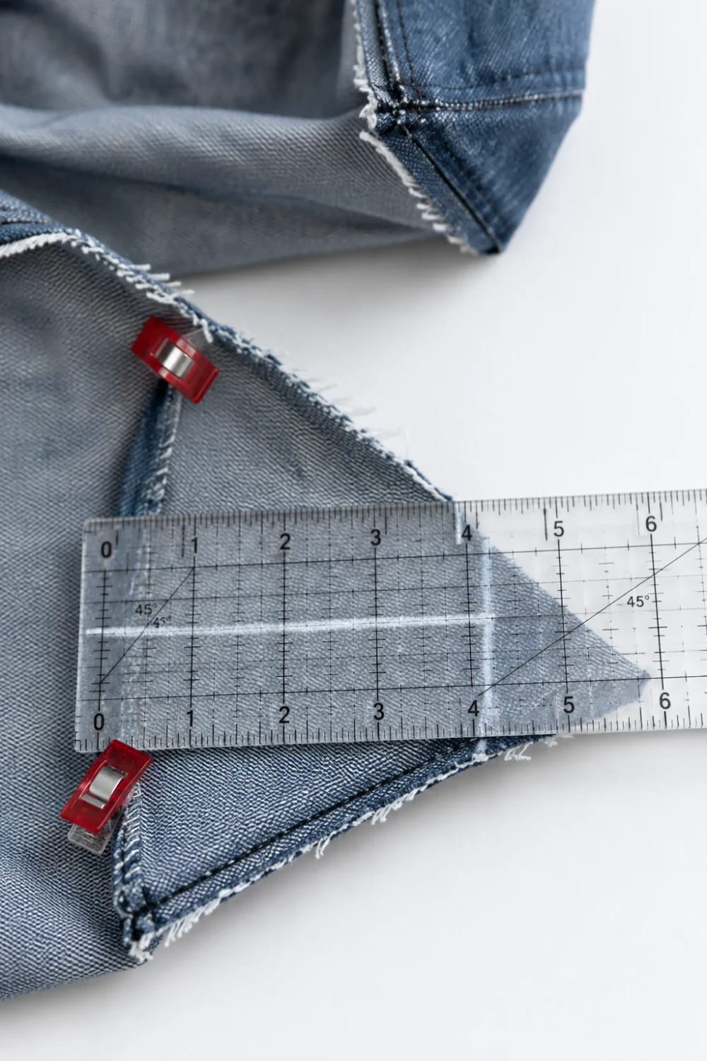 A clear quilting ruler measures a folded denim corner secured with red clips while closing the base and boxing the corners of a denim tote bag made from old jeans