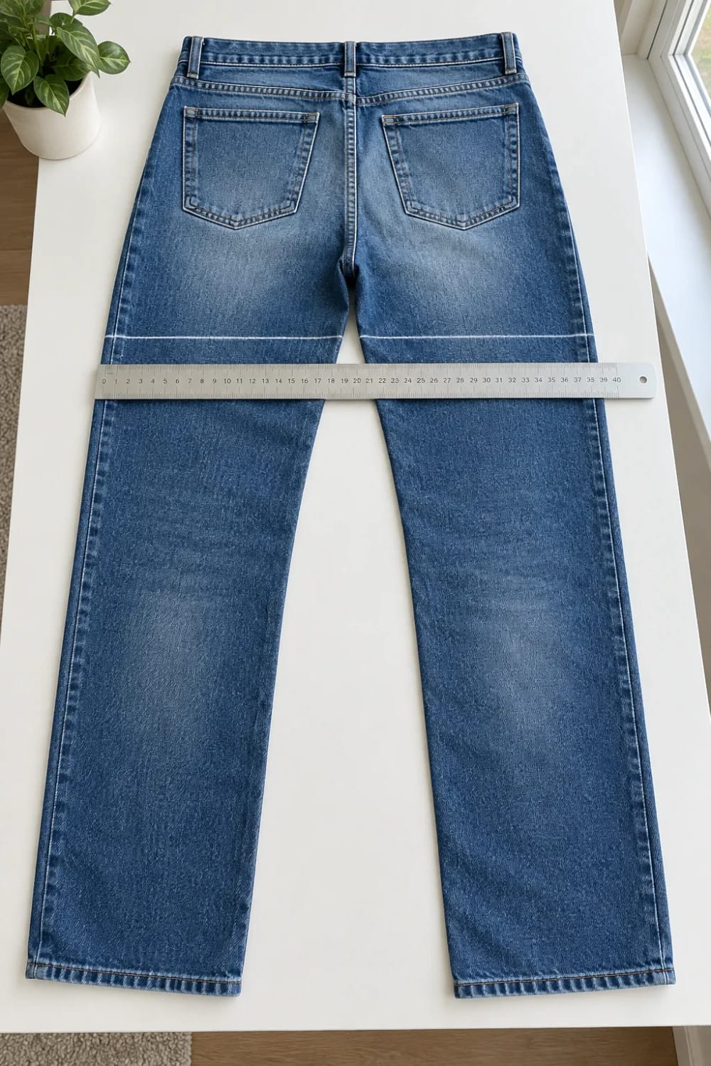 Blue jeans laid flat with a ruler aligned across a straight marked line below the crotch, illustrating the cut map for making a denim tote bag with a pocket front