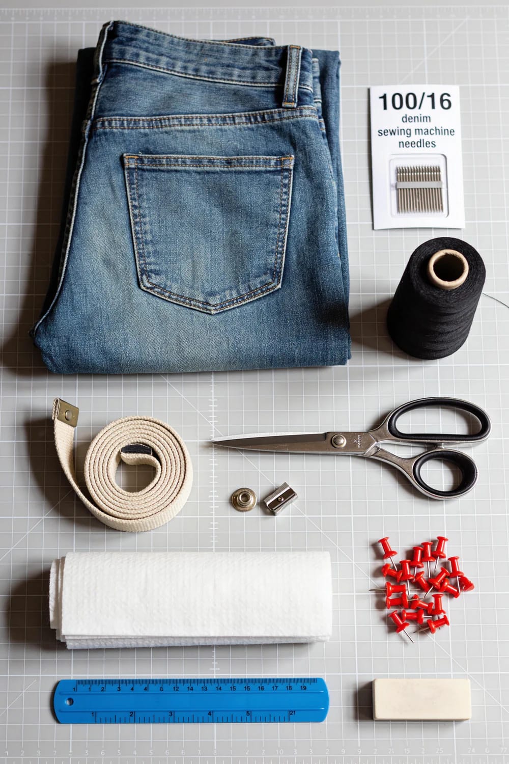Folded blue jeans with a back pocket are arranged on a gridded cutting mat alongside denim sewing machine needles, black thread, scissors, cotton webbing, snaps, red push pins, a ruler, chalk, and white fabric material for making a denim tote bag