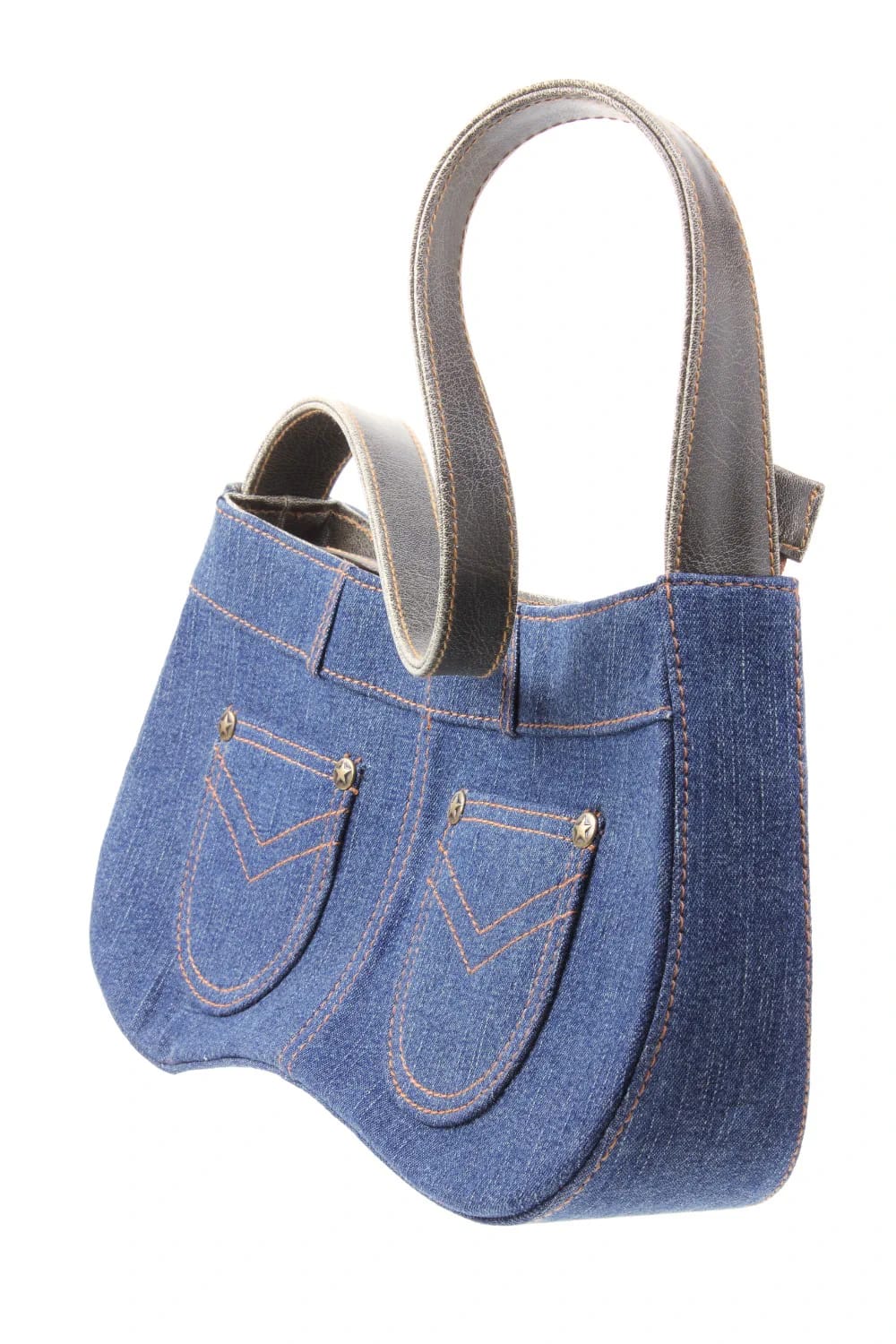 Blue denim tote bag made from old jeans, featuring two front jean pockets, orange stitching, and long dark handles on a white background