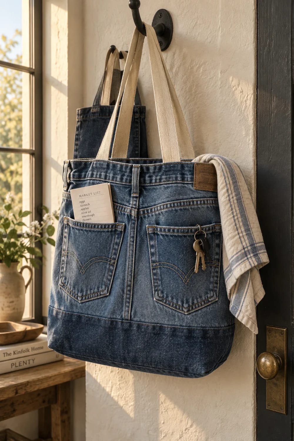 Denim tote bag made from old jeans hangs on a wall hook, featuring two front jean pockets, cream fabric handles, a market list in one pocket, and keys attached to the other