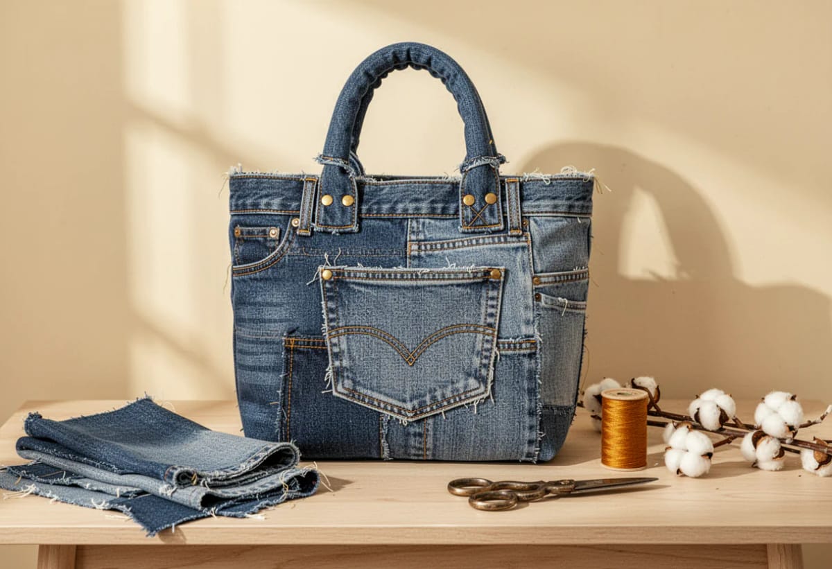 Finished denim tote bag made from old jeans with a large front pocket and two handles, displayed beside folded denim, thread, scissors, and cotton stems