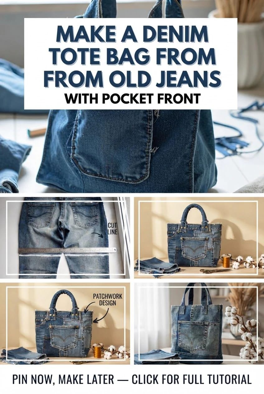 Collage showing a denim tote bag with a large front pocket, old jeans being measured for cutting, and finished patchwork denim tote bags with handles for the denim tote bag from old jeans with pocket front tutorial