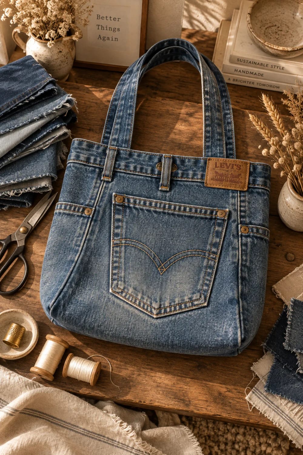 Denim tote bag made from old jeans with a large front pocket and long handles, displayed on a wooden worktable beside folded denim, scissors, thread spools, and sewing materials