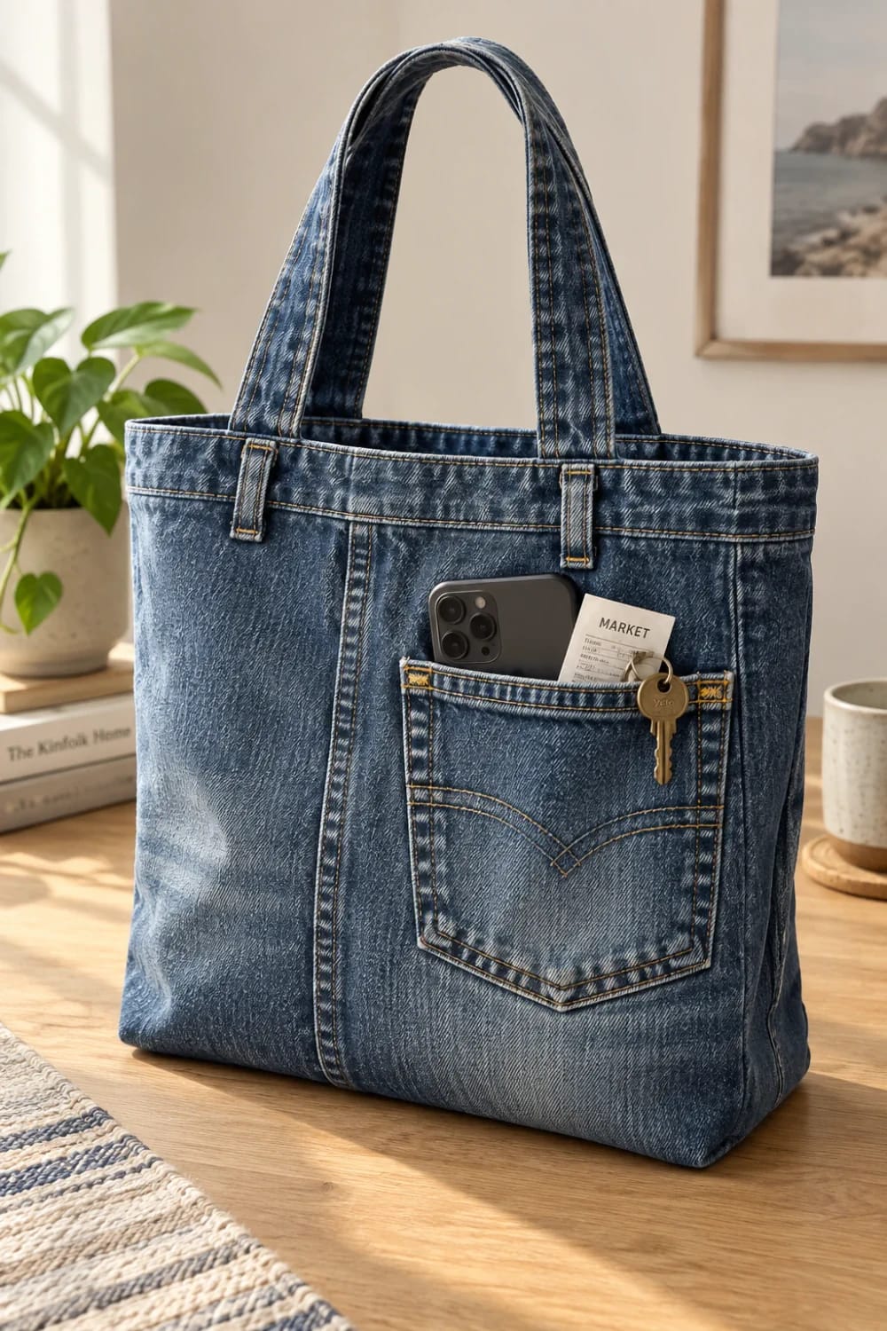 Upcycled denim tote bag made from old jeans, featuring long handles and a front jeans pocket holding a smartphone, market card, and key.