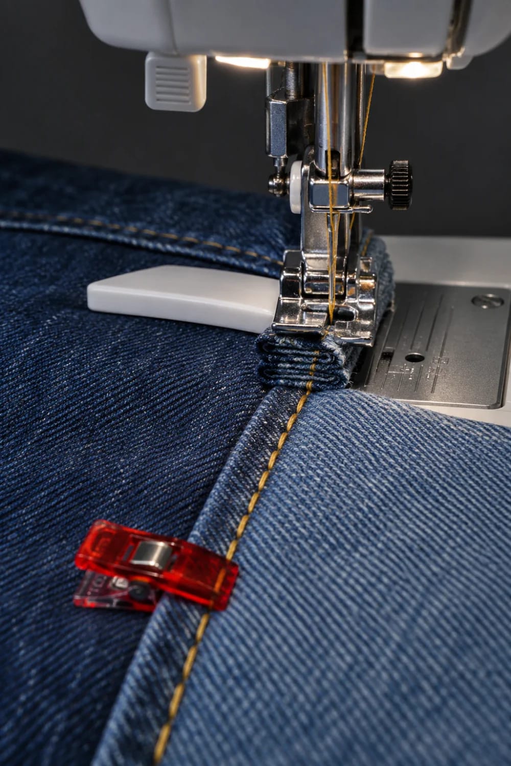 Denim Work Apron Flat-Felled Seam Sewing Close-up of a sewing machine stitching gold thread along folded denim fabric for joining the lower panel of a denim work apron, with a red sewing clip holding the seam.