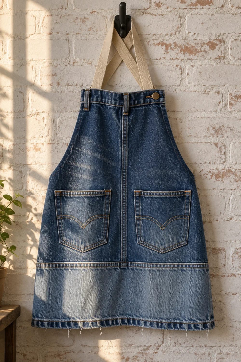 Denim Work Apron From Old Jeans A blue denim work apron made from old jeans hangs on a wall hook, featuring two front pockets, belt loops, a button closure, and beige shoulder straps