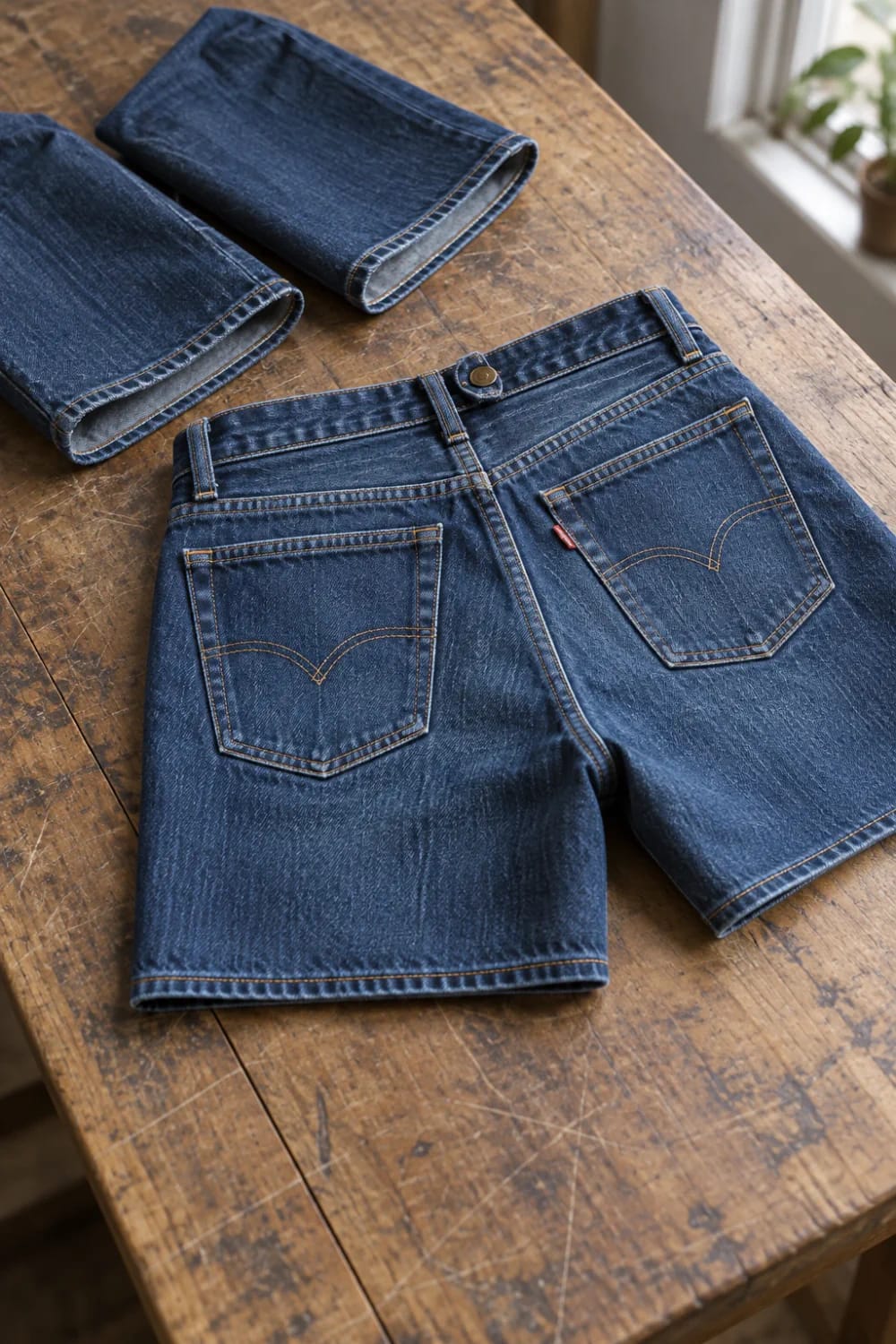 Denim Work Apron From Old Jeans Cut denim jeans pieces arranged on a wooden table, including two pant legs and the jeans top with waistband, button, belt loops, and pockets for making a denim work apron