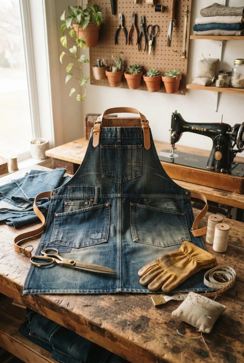 Denim Work Apron From Old Jeans Denim work apron with multiple front pockets displayed on a wooden workbench, alongside scissors, leather gloves, measuring tape, thread spools, and cut denim pieces. A sewing machine and organized craft workspace appear in the background.