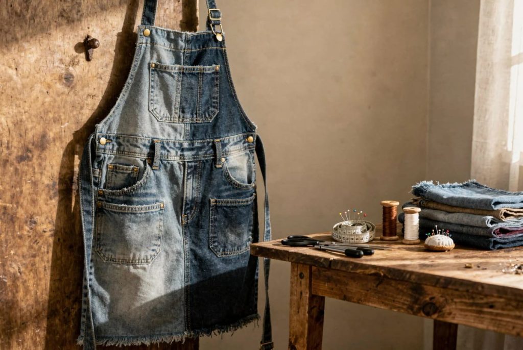 A denim work apron with multiple pockets hangs beside a wooden workbench holding scissors, measuring tape, thread, pins, and folded denim fabric.