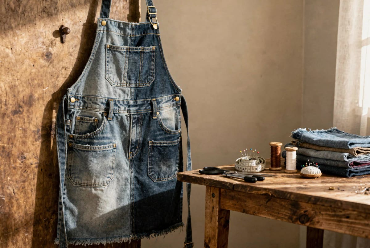 How to Make a Denim Work Apron From Old Jeans 1 A denim work apron with multiple pockets hangs beside a wooden workbench holding scissors, measuring tape, thread, pins, and folded denim fabric.
