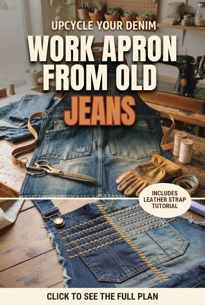 Denim Work Apron From Old Jeans Denim work apron made from old jeans displayed on a worktable with leather straps, scissors, gloves, thread spools, and denim pieces, alongside a close-up of stitched apron details