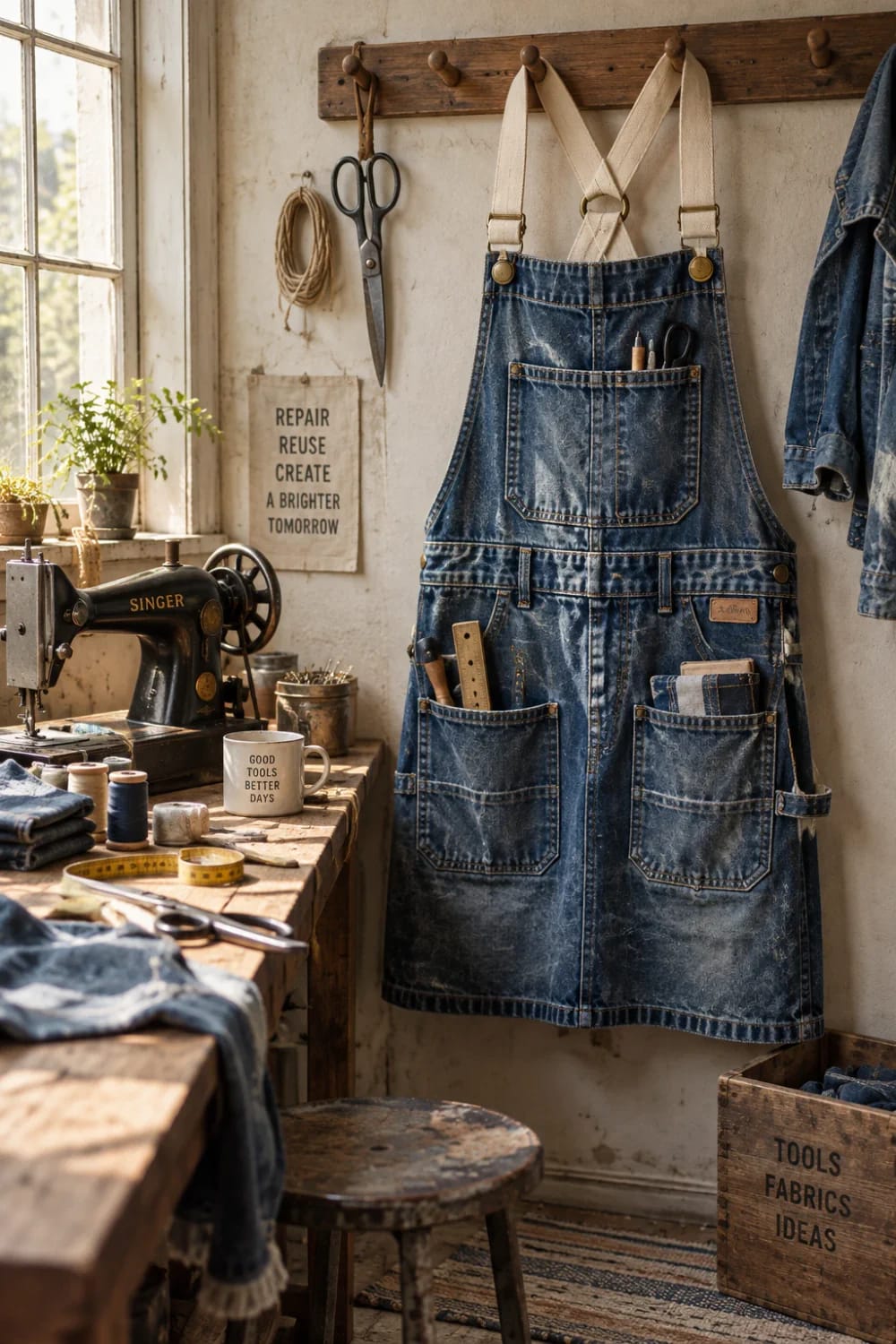 Denim Work Apron Made From Old Jeans A denim work apron with multiple pockets and webbing shoulder straps hangs in a sewing workshop beside a sewing machine, tools, thread, and folded denim.