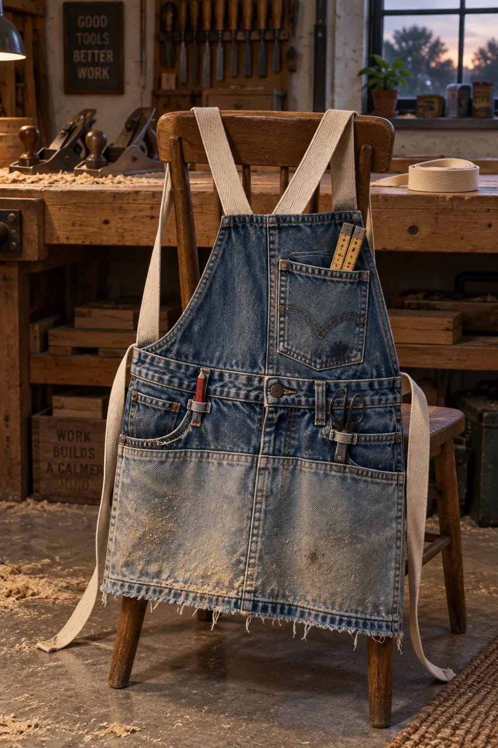 Denim Work Apron Made From Old Jeans Denim work apron made from old jeans hangs on a wooden chair in a woodworking workshop, featuring multiple pockets, beige straps, frayed edges, a ruler, pencil, and scissors