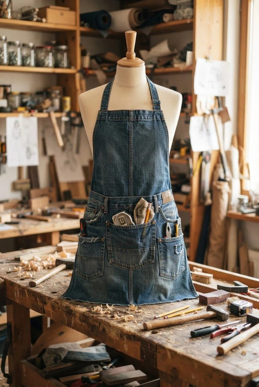 Denim Work Apron Made From Old Jeans Denim work apron displayed on a dress form in a workshop, with multiple front pockets holding tools and supplies.