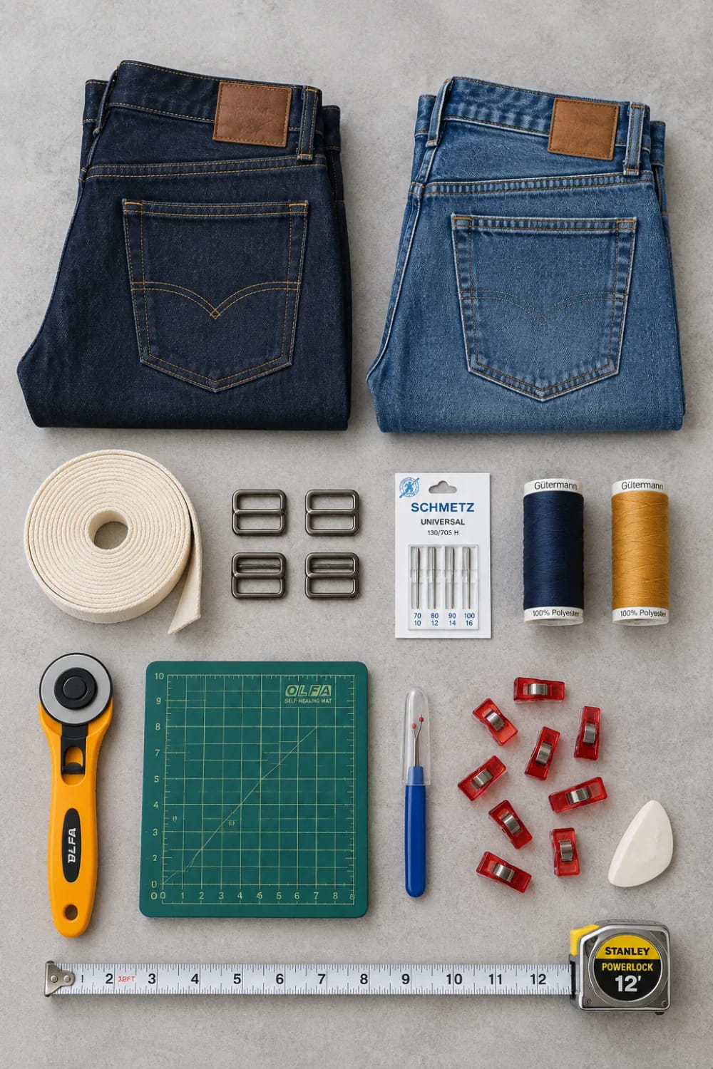 Denim Work Apron Materials And Tools Two pairs of folded blue jeans are arranged with webbing, metal sliders, sewing needles, thread, clips, a rotary cutter, cutting mat, seam ripper, fabric marker, chalk, and measuring tape for making a denim work apron from old jeans
