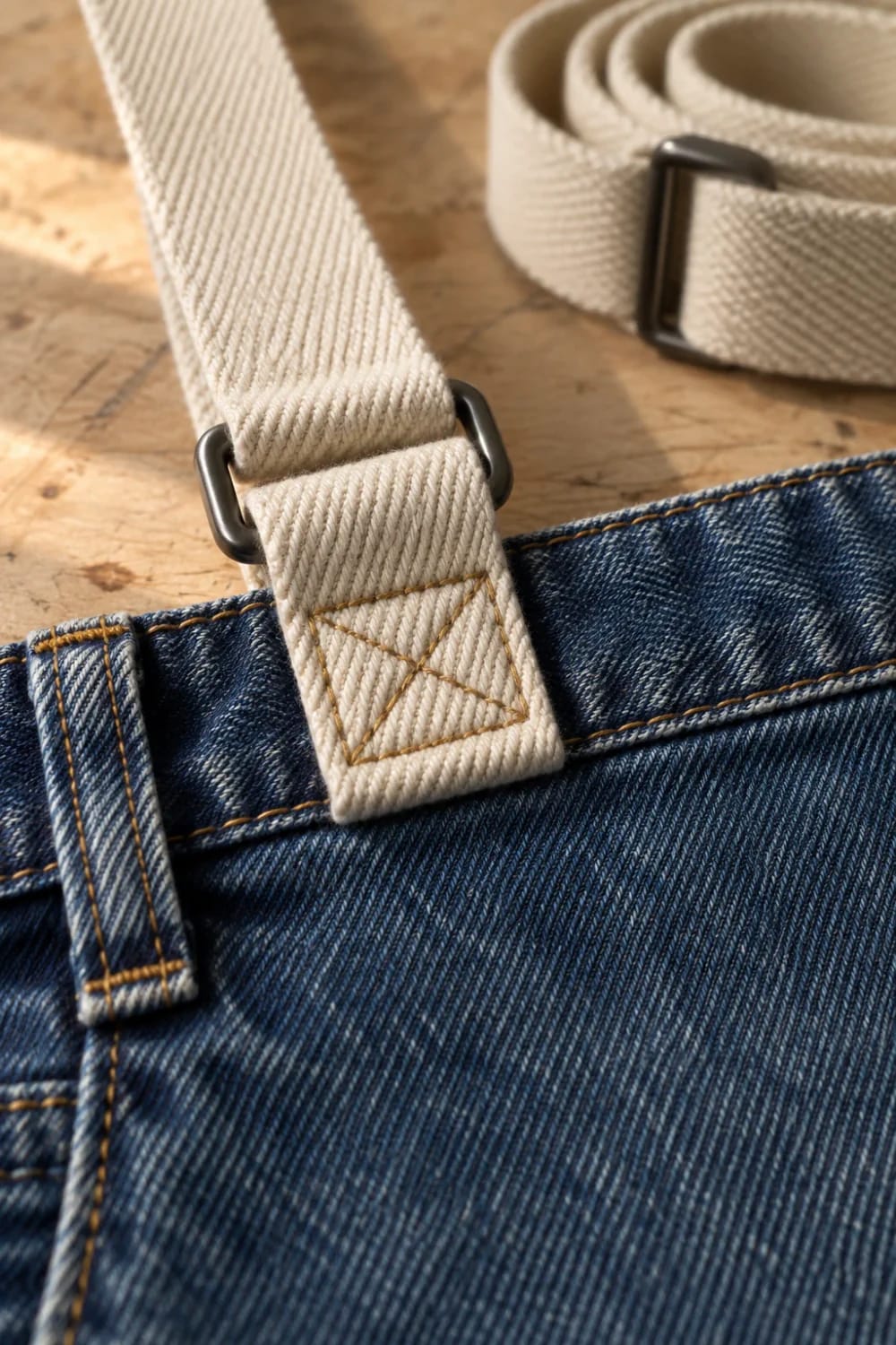 Denim Work Apron With Webbing Strap Close-up of a denim work apron made from old jeans, featuring a cream webbing strap threaded through metal adjusters and secured with reinforced stitching on a wooden work surface