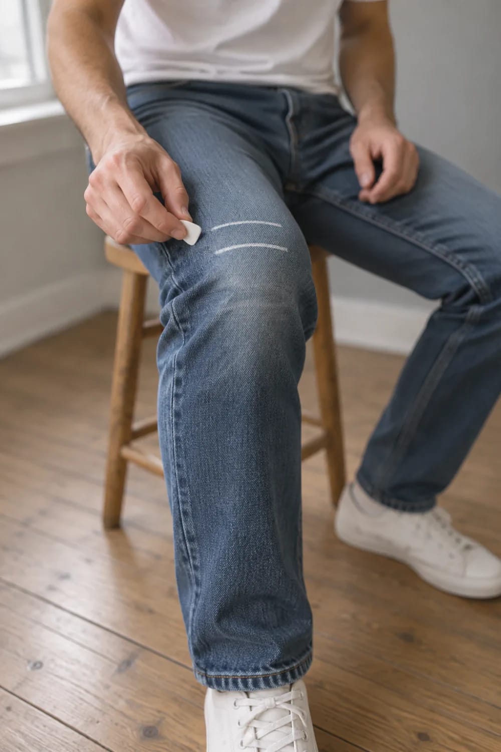 Distressed Jeans Frayed Knee Slit Placement Person seated while using a white tool to mark two horizontal lines on the knee of blue jeans, illustrating where to place distressed knee slits