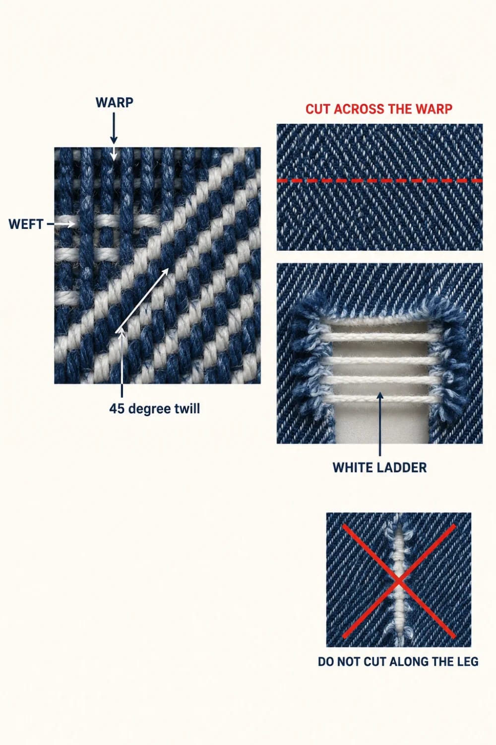 Distressed Jeans Frayed Knee Slit Weave Guide Diagram of denim weave labeled warp, weft, and 45-degree twill, showing a cut across the warp producing a white ladder and a crossed-out cut along the leg.