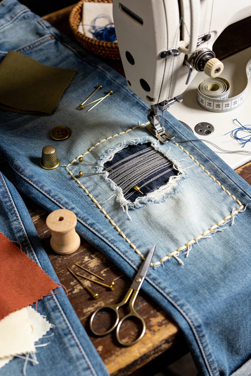Distressed Jeans Knee Slit Patch Repair Sewing machine positioned over a frayed knee slit in blue distressed jeans, with a dark denim patch, pins, thread, scissors, buttons, and measuring tape arranged on a worktable for repair