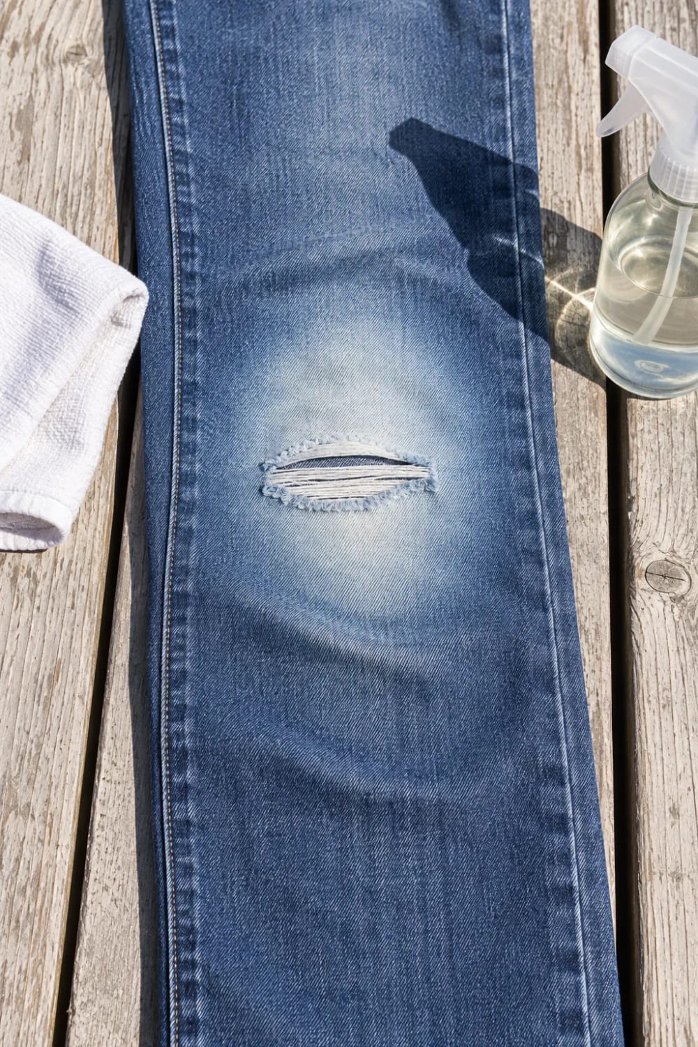 Distressed Jeans With Frayed Knee Slit A blue denim jean leg with a frayed horizontal knee slit and a faded halo around the opening, displayed on a weathered wooden surface beside a white cloth and spray bottle