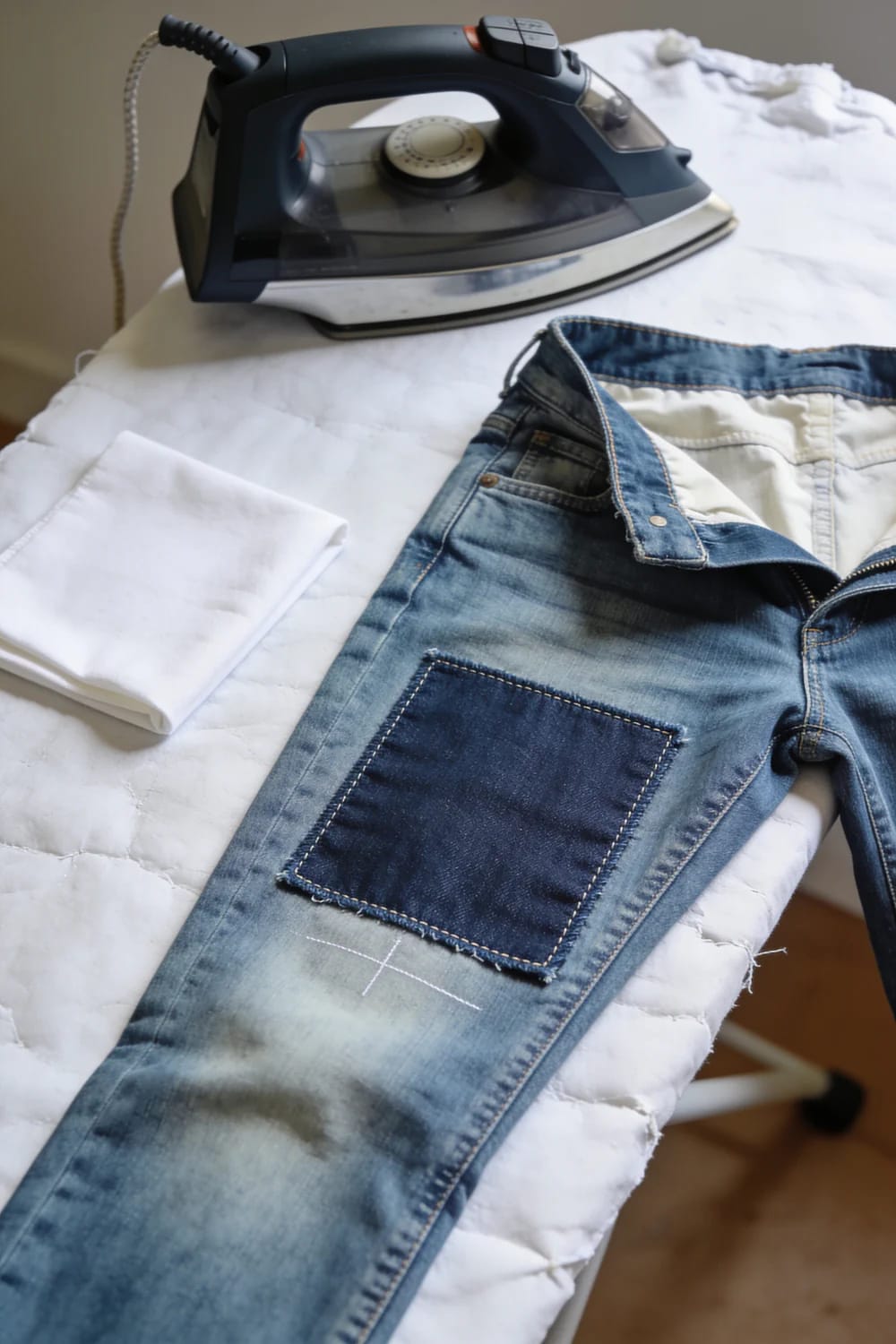 Distressed Jeans With Frayed Knee Slit Preparation A dark blue iron rests on a white ironing surface beside blue jeans with a dark rectangular patch and white chalk markings near the knee, illustrating preparation for distressed jeans with a frayed knee slit